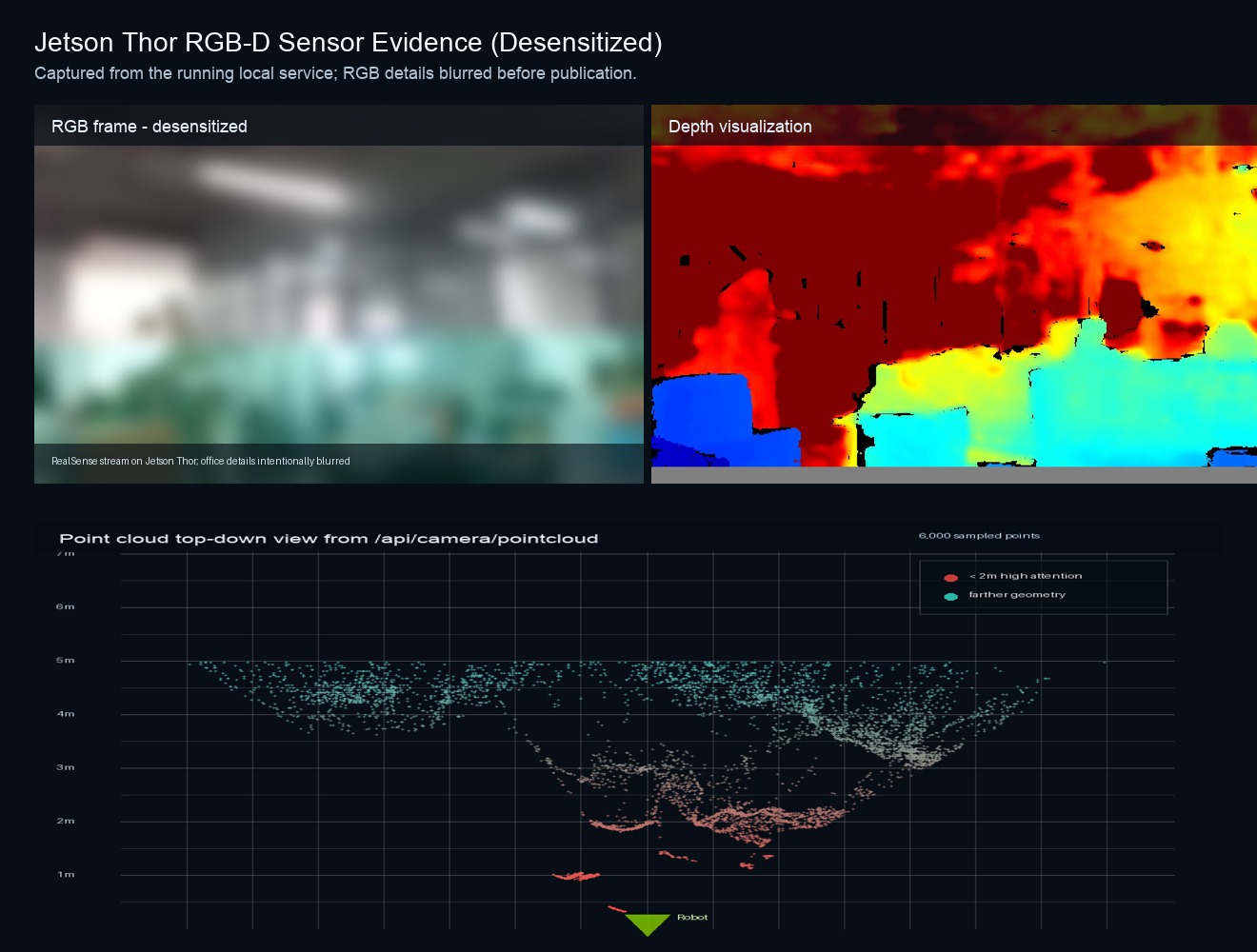 Redacted RGB-D and top-down point cloud view captured on Jetson Thor